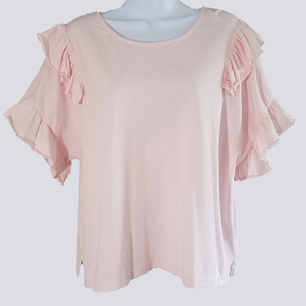 Kaari Blue Pink Ruffle Shoulder Top